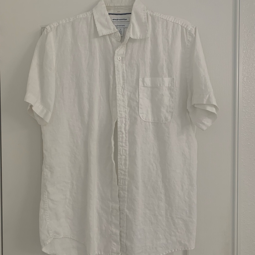 Mens Amazon Essentials White Linen Casual Button Down Shirt